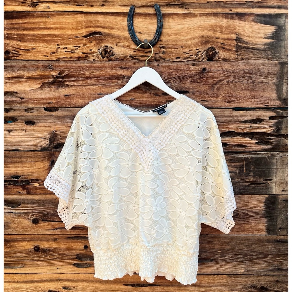 LAUREN MICHELLE | Lace Ivory V-Neck Bohemian Blouse M